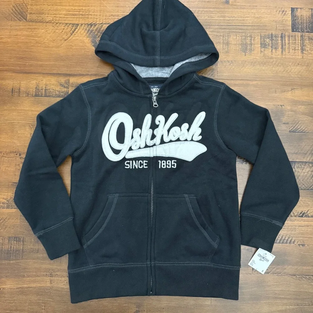 OshKosh B'Gosh Boys Black Full Zip Hoodie Sweatshirt with Oshkosh Logo size 6